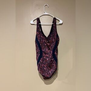 Lands End Women's One Piece Criss Cross Back Swimsuit Size 22W Purple Navy Flora